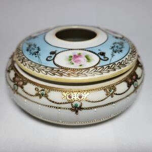 NIPPON Vintage, Late 1800s, Hand-Painted Porcelain Hair Receiver With Gold Gilt